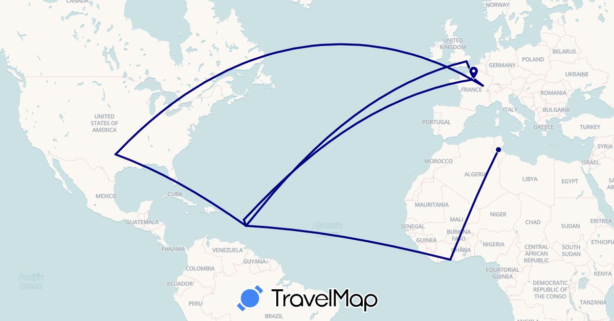 TravelMap itinerary: driving in Côte d'Ivoire, France, United Kingdom, Tunisia, United States (Africa, Europe, North America)